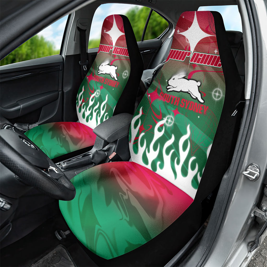 Personalized South Sydney Rabbitohs Car Seat Cover Y2K Grunge Aesthetic With Cyber Flames and Starburst Graphics