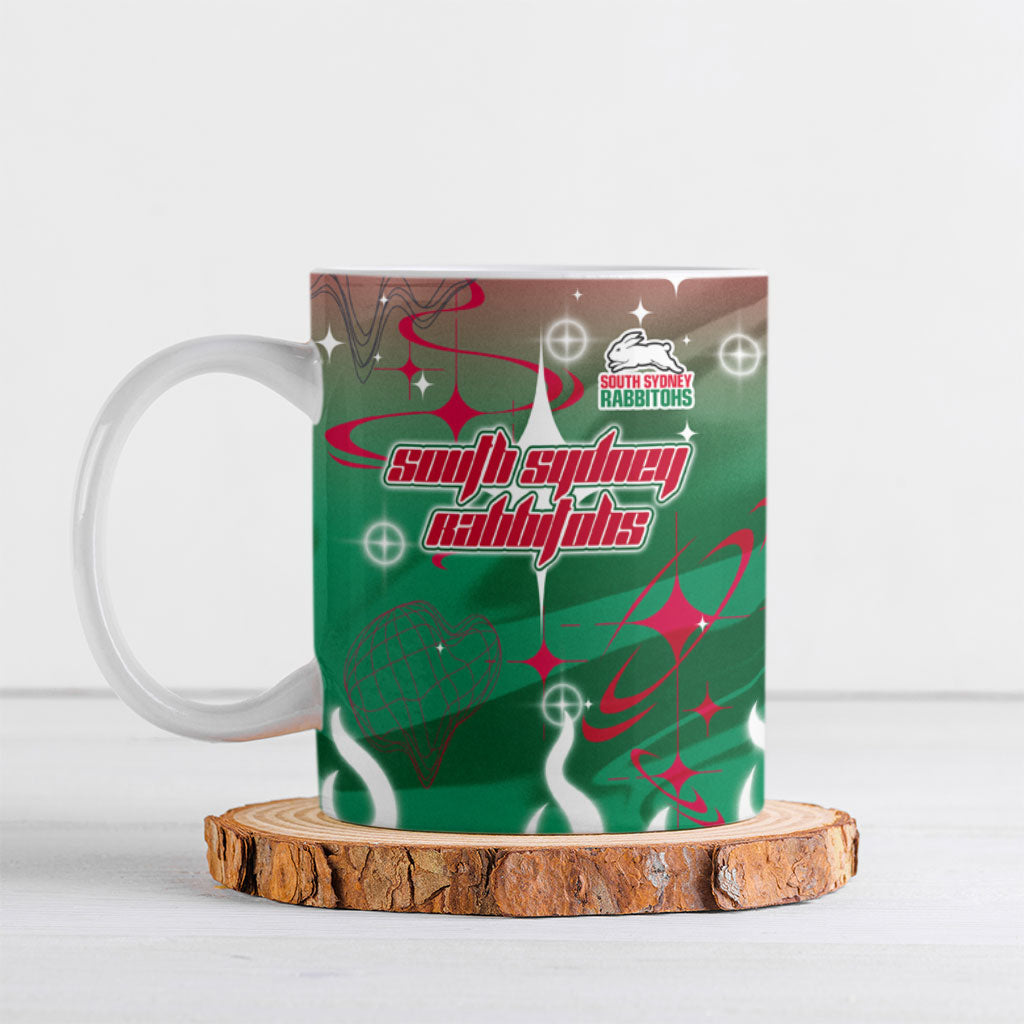 Personalized South Sydney Rabbitohs Ceramic Mug Y2K Grunge Aesthetic With Cyber Flames and Starburst Graphics