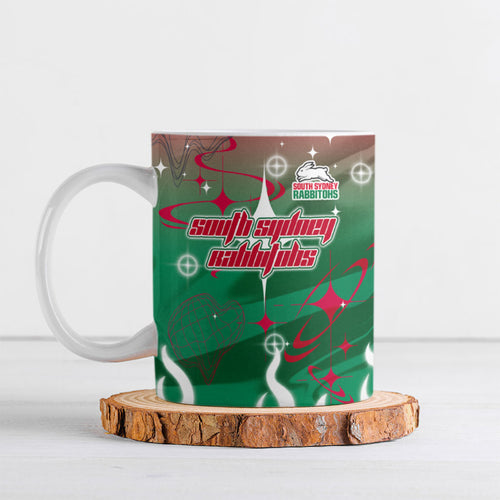 Personalized South Sydney Rabbitohs Ceramic Mug Y2K Grunge Aesthetic With Cyber Flames and Starburst Graphics