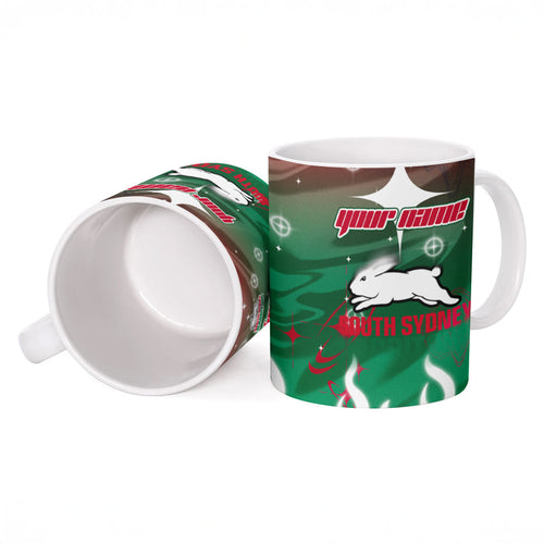 Personalized South Sydney Rabbitohs Ceramic Mug Y2K Grunge Aesthetic With Cyber Flames and Starburst Graphics