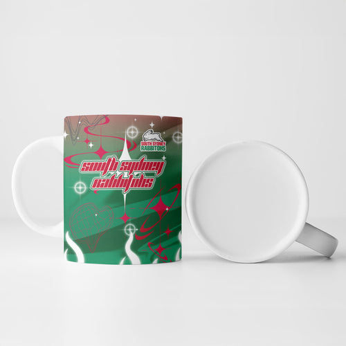 Personalized South Sydney Rabbitohs Ceramic Mug Y2K Grunge Aesthetic With Cyber Flames and Starburst Graphics