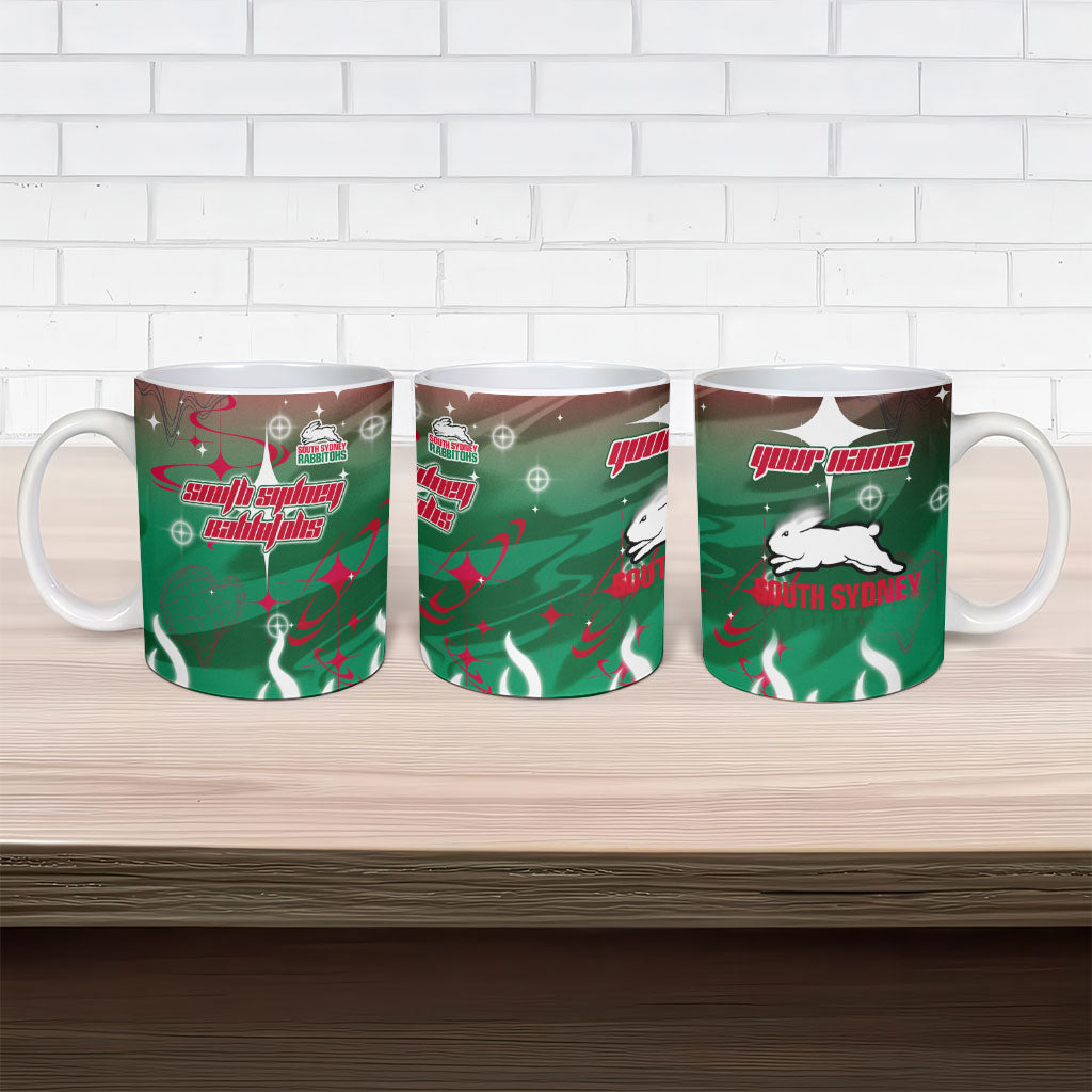 Personalized South Sydney Rabbitohs Ceramic Mug Y2K Grunge Aesthetic With Cyber Flames and Starburst Graphics