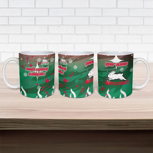 Personalized South Sydney Rabbitohs Ceramic Mug Y2K Grunge Aesthetic With Cyber Flames and Starburst Graphics