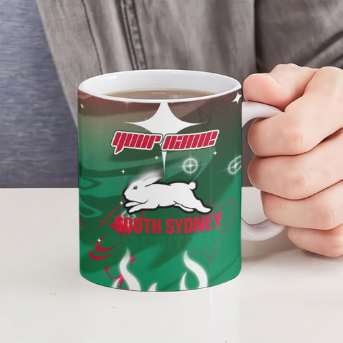 Personalized South Sydney Rabbitohs Ceramic Mug Y2K Grunge Aesthetic With Cyber Flames and Starburst Graphics