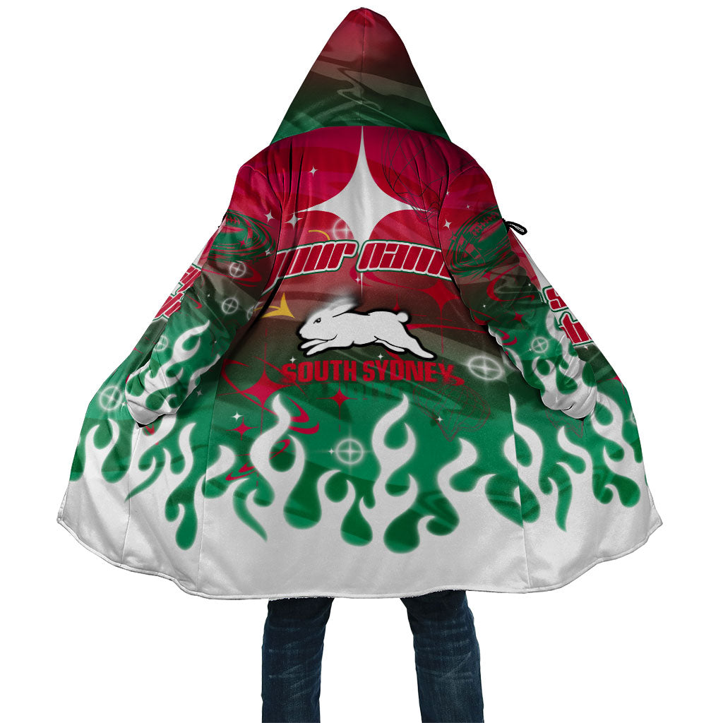 Personalized South Sydney Rabbitohs Cloak Y2K Grunge Aesthetic With Cyber Flames and Starburst Graphics