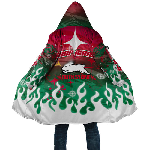 Personalized South Sydney Rabbitohs Cloak Y2K Grunge Aesthetic With Cyber Flames and Starburst Graphics