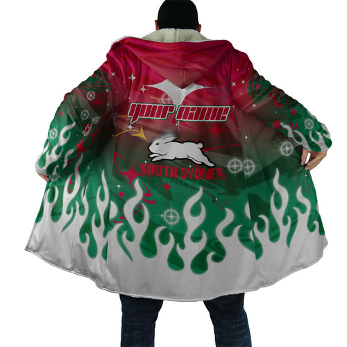 Personalized South Sydney Rabbitohs Cloak Y2K Grunge Aesthetic With Cyber Flames and Starburst Graphics