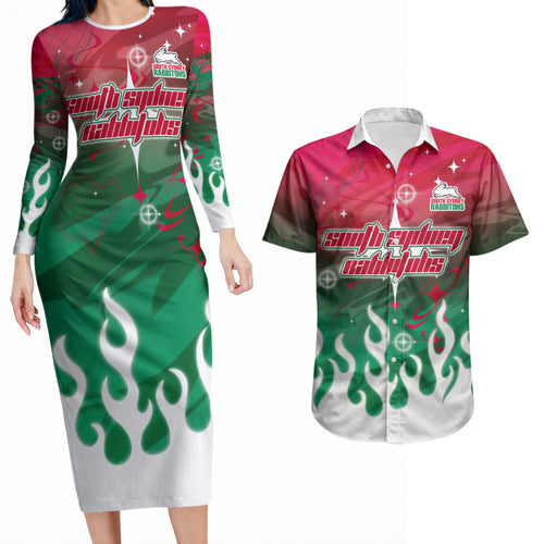 Personalized South Sydney Rabbitohs Couples Matching Long Sleeve Bodycon Dress and Hawaiian Shirt Y2K Grunge Aesthetic With Cyber Flames and Starburst Graphics