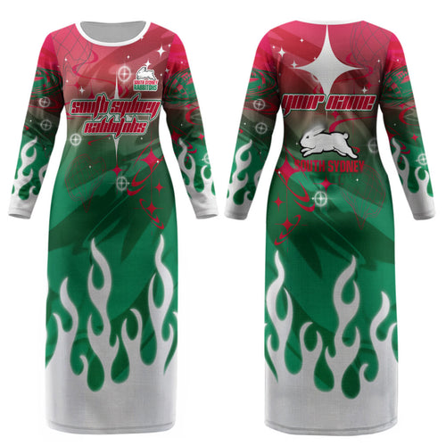Personalized South Sydney Rabbitohs Couples Matching Long Sleeve Bodycon Dress and Hawaiian Shirt Y2K Grunge Aesthetic With Cyber Flames and Starburst Graphics