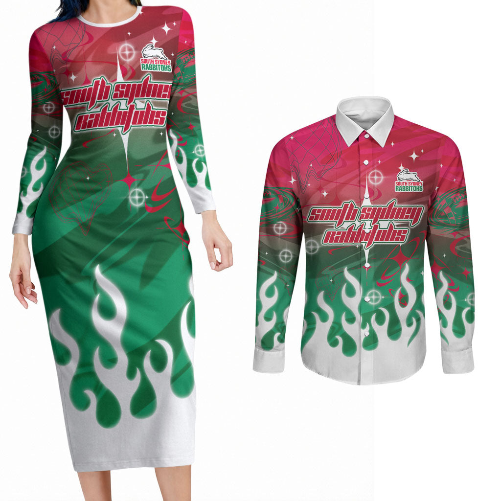 Personalized South Sydney Rabbitohs Couples Matching Long Sleeve Bodycon Dress and Long Sleeve Button Shirt Y2K Grunge Aesthetic With Cyber Flames and Starburst Graphics