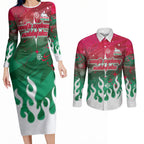 Personalized South Sydney Rabbitohs Couples Matching Long Sleeve Bodycon Dress and Long Sleeve Button Shirt Y2K Grunge Aesthetic With Cyber Flames and Starburst Graphics