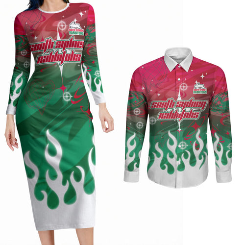 Personalized South Sydney Rabbitohs Couples Matching Long Sleeve Bodycon Dress and Long Sleeve Button Shirt Y2K Grunge Aesthetic With Cyber Flames and Starburst Graphics