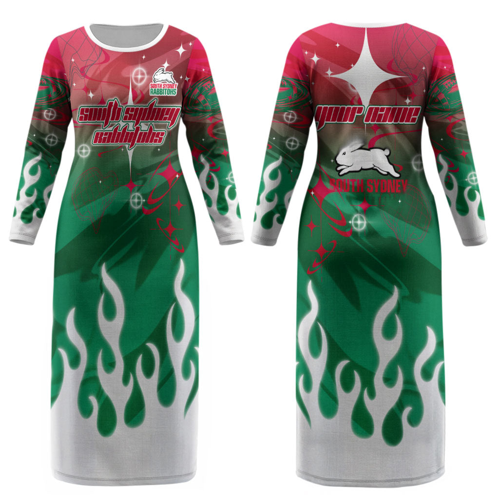 Personalized South Sydney Rabbitohs Couples Matching Long Sleeve Bodycon Dress and Long Sleeve Button Shirt Y2K Grunge Aesthetic With Cyber Flames and Starburst Graphics