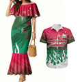 Personalized South Sydney Rabbitohs Couples Matching Mermaid Dress and Hawaiian Shirt Y2K Grunge Aesthetic With Cyber Flames and Starburst Graphics