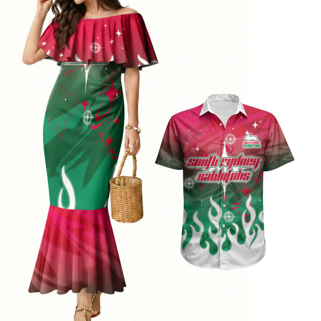 Personalized South Sydney Rabbitohs Couples Matching Mermaid Dress and Hawaiian Shirt Y2K Grunge Aesthetic With Cyber Flames and Starburst Graphics