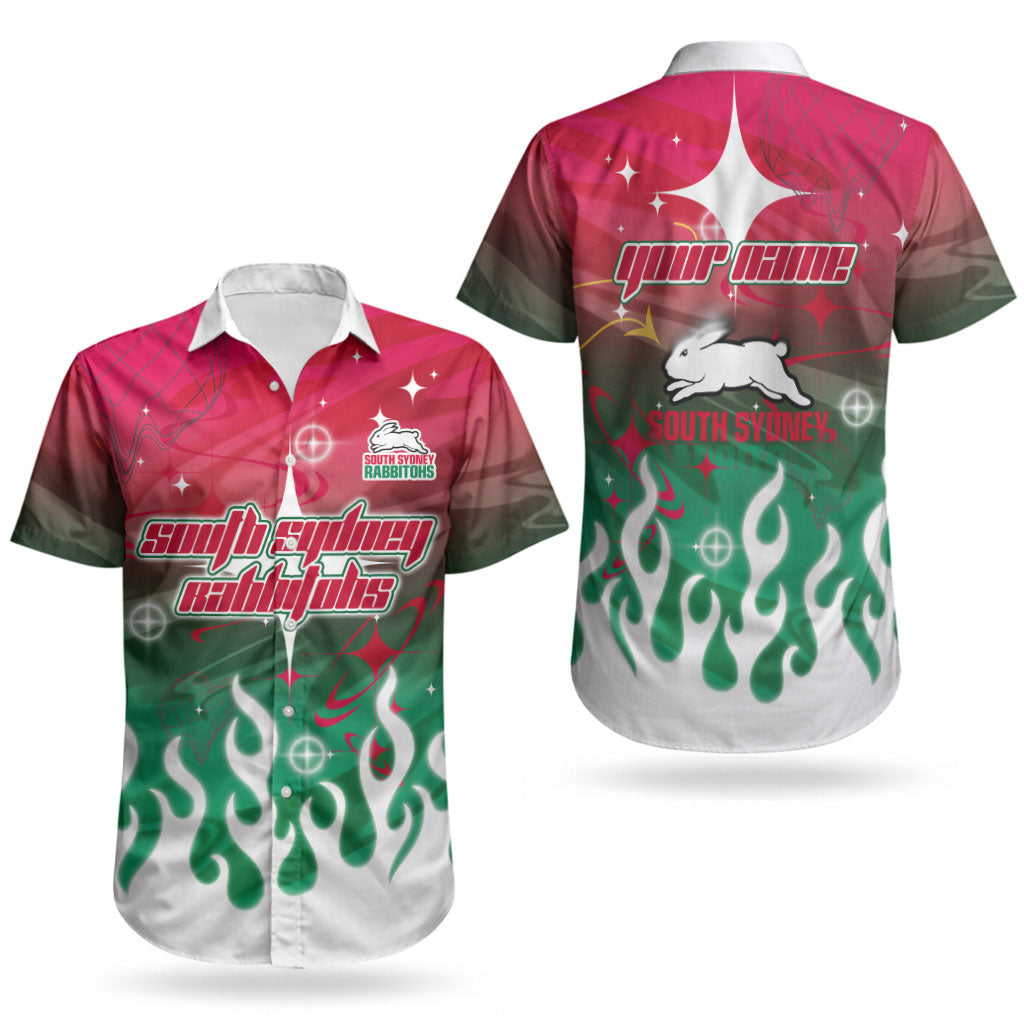 Personalized South Sydney Rabbitohs Couples Matching Mermaid Dress and Hawaiian Shirt Y2K Grunge Aesthetic With Cyber Flames and Starburst Graphics