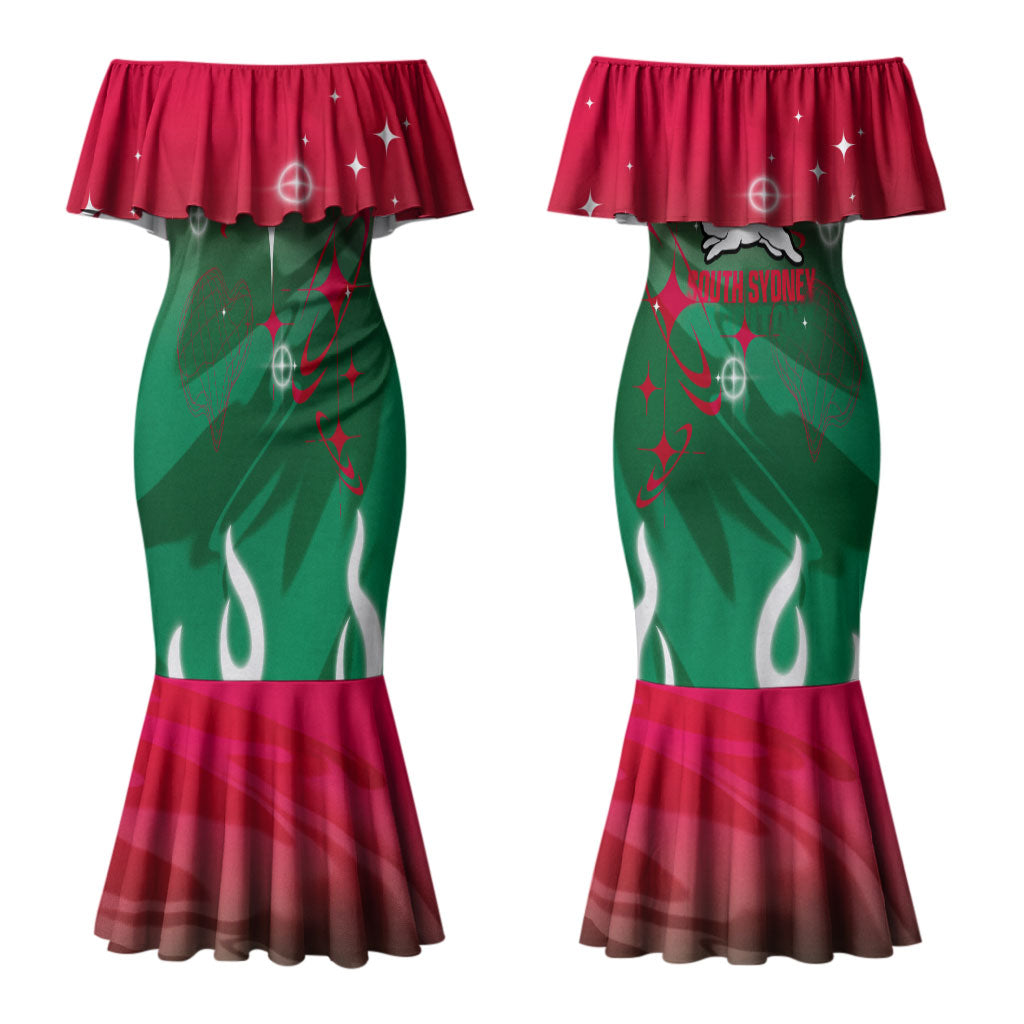 Personalized South Sydney Rabbitohs Couples Matching Mermaid Dress and Hawaiian Shirt Y2K Grunge Aesthetic With Cyber Flames and Starburst Graphics