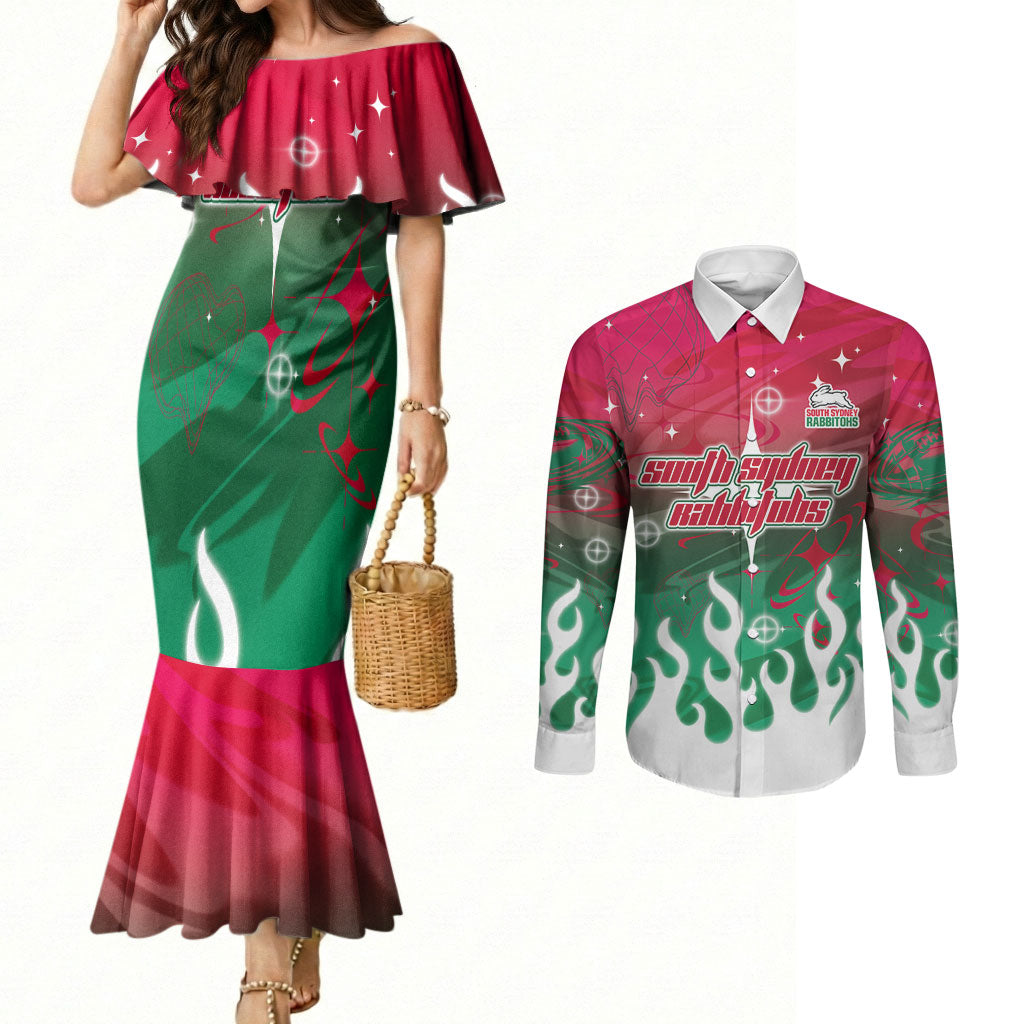 Personalized South Sydney Rabbitohs Couples Matching Mermaid Dress and Long Sleeve Button Shirt Y2K Grunge Aesthetic With Cyber Flames and Starburst Graphics
