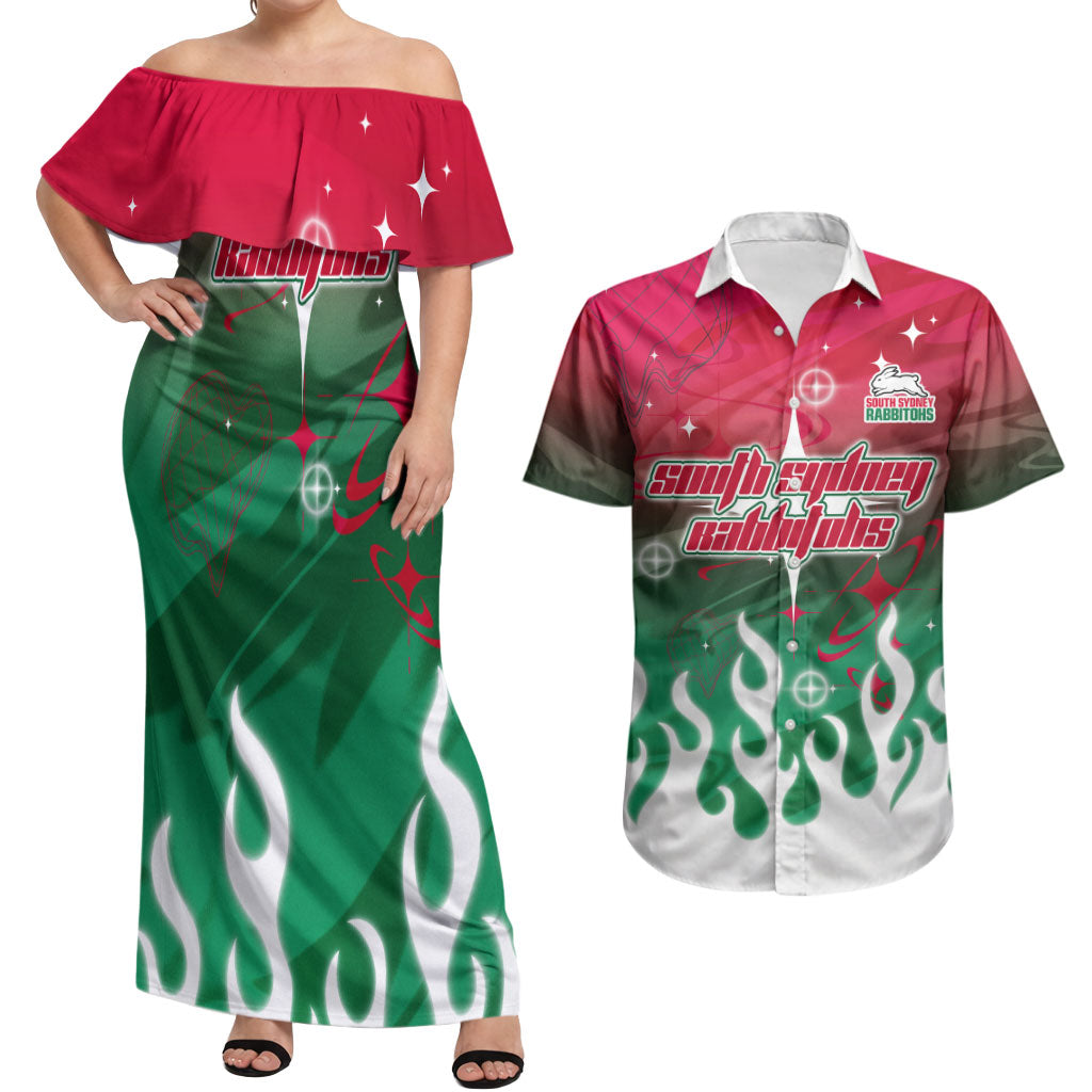 Personalized South Sydney Rabbitohs Couples Matching Off Shoulder Maxi Dress and Hawaiian Shirt Y2K Grunge Aesthetic With Cyber Flames and Starburst Graphics