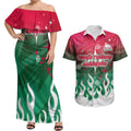 Personalized South Sydney Rabbitohs Couples Matching Off Shoulder Maxi Dress and Hawaiian Shirt Y2K Grunge Aesthetic With Cyber Flames and Starburst Graphics