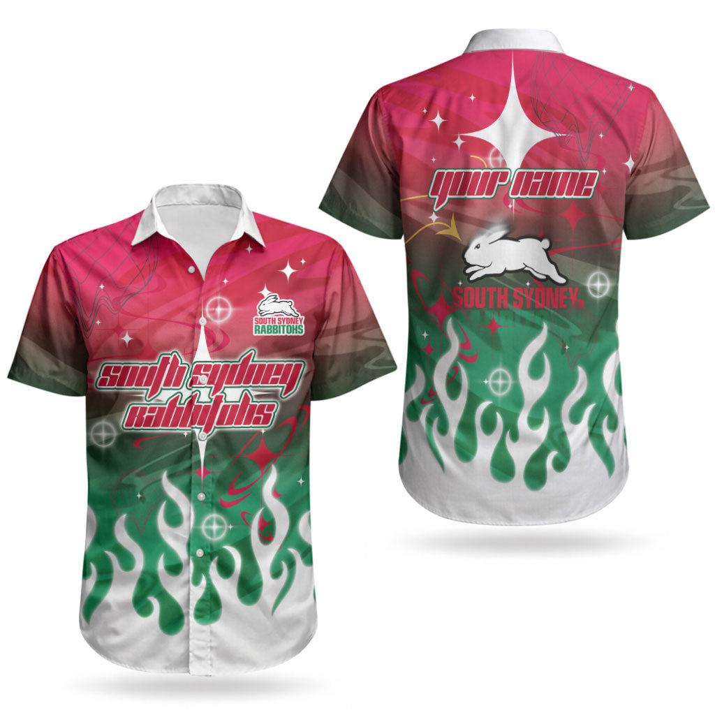 Personalized South Sydney Rabbitohs Couples Matching Off Shoulder Maxi Dress and Hawaiian Shirt Y2K Grunge Aesthetic With Cyber Flames and Starburst Graphics