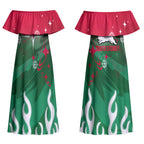 Personalized South Sydney Rabbitohs Couples Matching Off Shoulder Maxi Dress and Hawaiian Shirt Y2K Grunge Aesthetic With Cyber Flames and Starburst Graphics