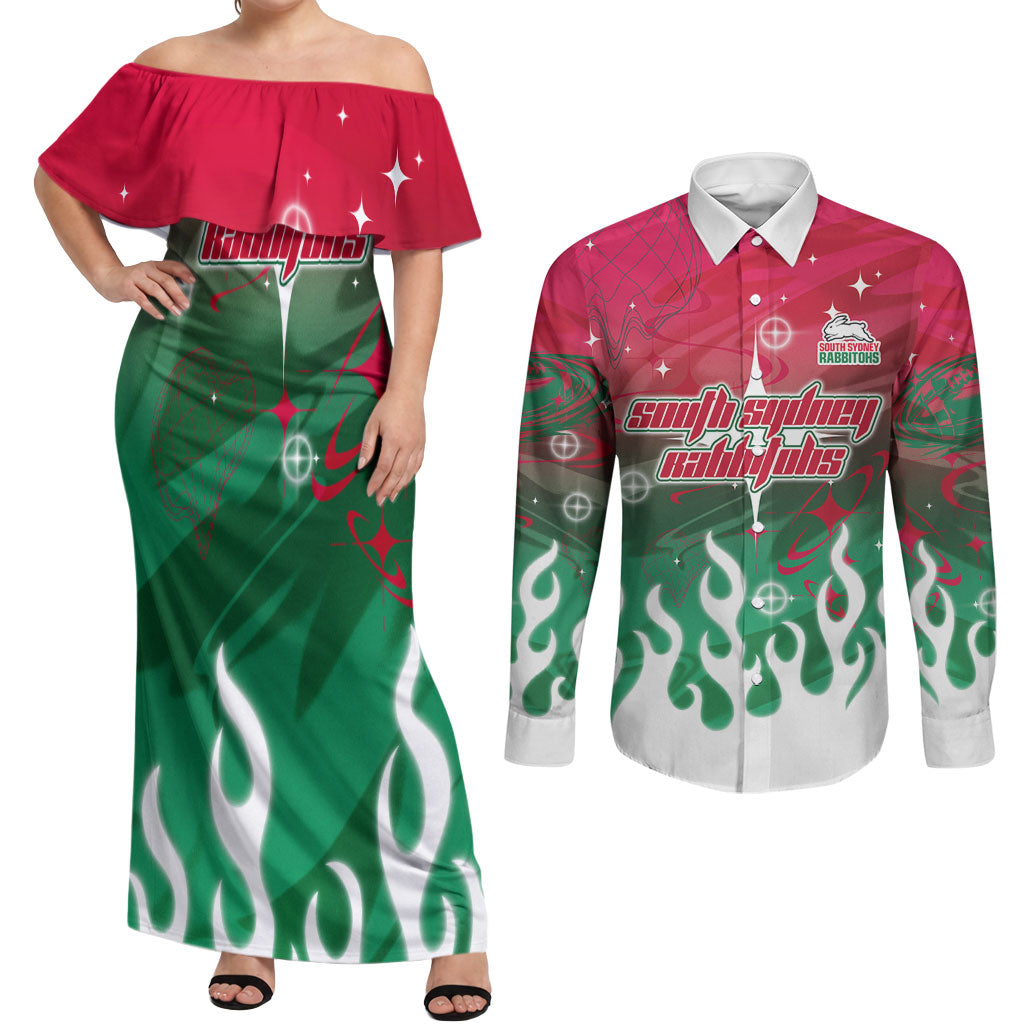 Personalized South Sydney Rabbitohs Couples Matching Off Shoulder Maxi Dress and Long Sleeve Button Shirt Y2K Grunge Aesthetic With Cyber Flames and Starburst Graphics
