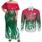 Personalized South Sydney Rabbitohs Couples Matching Off Shoulder Maxi Dress and Long Sleeve Button Shirt Y2K Grunge Aesthetic With Cyber Flames and Starburst Graphics