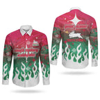 Personalized South Sydney Rabbitohs Couples Matching Off Shoulder Maxi Dress and Long Sleeve Button Shirt Y2K Grunge Aesthetic With Cyber Flames and Starburst Graphics