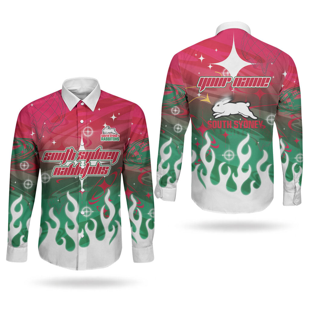 Personalized South Sydney Rabbitohs Couples Matching Off Shoulder Maxi Dress and Long Sleeve Button Shirt Y2K Grunge Aesthetic With Cyber Flames and Starburst Graphics