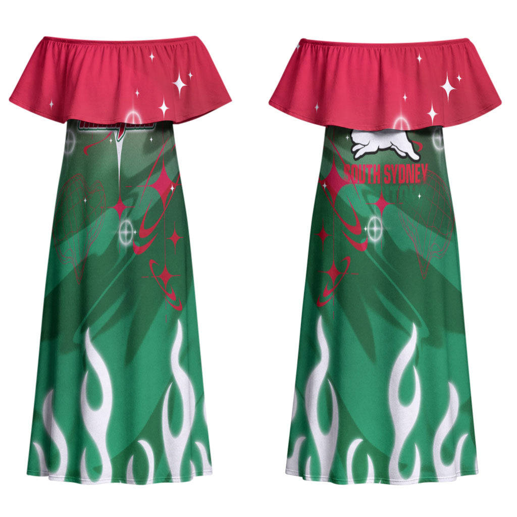 Personalized South Sydney Rabbitohs Couples Matching Off Shoulder Maxi Dress and Long Sleeve Button Shirt Y2K Grunge Aesthetic With Cyber Flames and Starburst Graphics