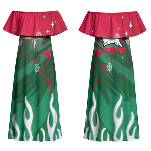 Personalized South Sydney Rabbitohs Couples Matching Off Shoulder Maxi Dress and Long Sleeve Button Shirt Y2K Grunge Aesthetic With Cyber Flames and Starburst Graphics