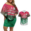 Personalized South Sydney Rabbitohs Couples Matching Off Shoulder Short Dress and Hawaiian Shirt Y2K Grunge Aesthetic With Cyber Flames and Starburst Graphics