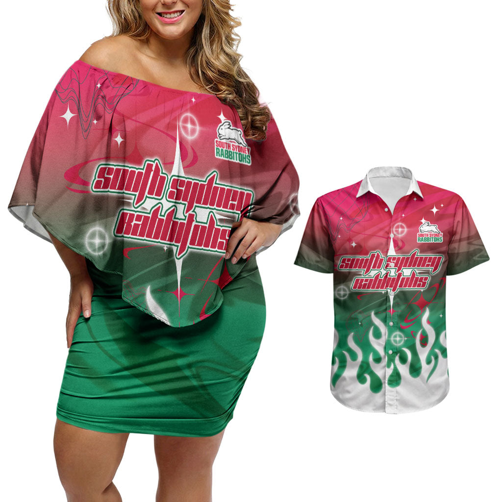 Personalized South Sydney Rabbitohs Couples Matching Off Shoulder Short Dress and Hawaiian Shirt Y2K Grunge Aesthetic With Cyber Flames and Starburst Graphics