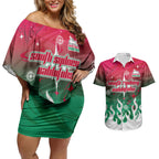 Personalized South Sydney Rabbitohs Couples Matching Off Shoulder Short Dress and Hawaiian Shirt Y2K Grunge Aesthetic With Cyber Flames and Starburst Graphics