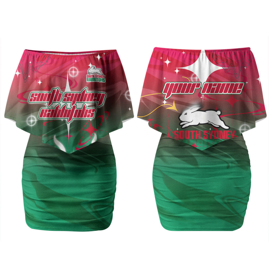 Personalized South Sydney Rabbitohs Couples Matching Off Shoulder Short Dress and Hawaiian Shirt Y2K Grunge Aesthetic With Cyber Flames and Starburst Graphics