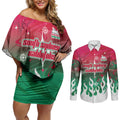 Personalized South Sydney Rabbitohs Couples Matching Off Shoulder Short Dress and Long Sleeve Button Shirt Y2K Grunge Aesthetic With Cyber Flames and Starburst Graphics