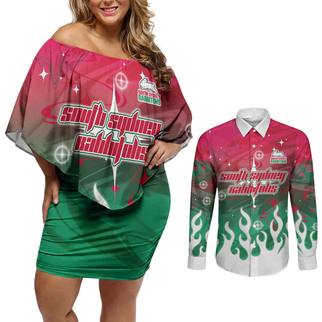Personalized South Sydney Rabbitohs Couples Matching Off Shoulder Short Dress and Long Sleeve Button Shirt Y2K Grunge Aesthetic With Cyber Flames and Starburst Graphics