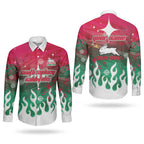 Personalized South Sydney Rabbitohs Couples Matching Off Shoulder Short Dress and Long Sleeve Button Shirt Y2K Grunge Aesthetic With Cyber Flames and Starburst Graphics