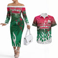 Personalized South Sydney Rabbitohs Couples Matching Off The Shoulder Long Sleeve Dress and Hawaiian Shirt Y2K Grunge Aesthetic With Cyber Flames and Starburst Graphics
