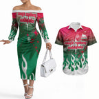 Personalized South Sydney Rabbitohs Couples Matching Off The Shoulder Long Sleeve Dress and Hawaiian Shirt Y2K Grunge Aesthetic With Cyber Flames and Starburst Graphics