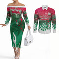 Personalized South Sydney Rabbitohs Couples Matching Off The Shoulder Long Sleeve Dress and Long Sleeve Button Shirt Y2K Grunge Aesthetic With Cyber Flames and Starburst Graphics