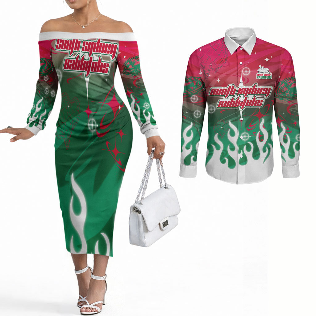 Personalized South Sydney Rabbitohs Couples Matching Off The Shoulder Long Sleeve Dress and Long Sleeve Button Shirt Y2K Grunge Aesthetic With Cyber Flames and Starburst Graphics