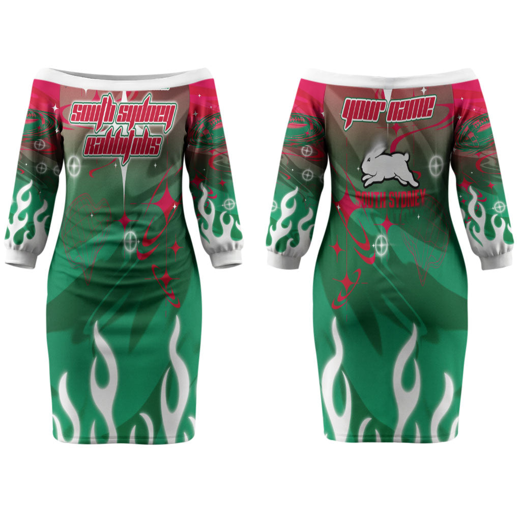 Personalized South Sydney Rabbitohs Couples Matching Off The Shoulder Long Sleeve Dress and Long Sleeve Button Shirt Y2K Grunge Aesthetic With Cyber Flames and Starburst Graphics