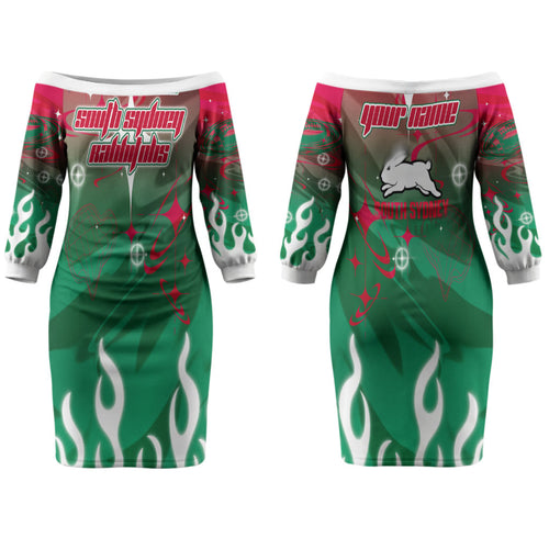 Personalized South Sydney Rabbitohs Couples Matching Off The Shoulder Long Sleeve Dress and Long Sleeve Button Shirt Y2K Grunge Aesthetic With Cyber Flames and Starburst Graphics
