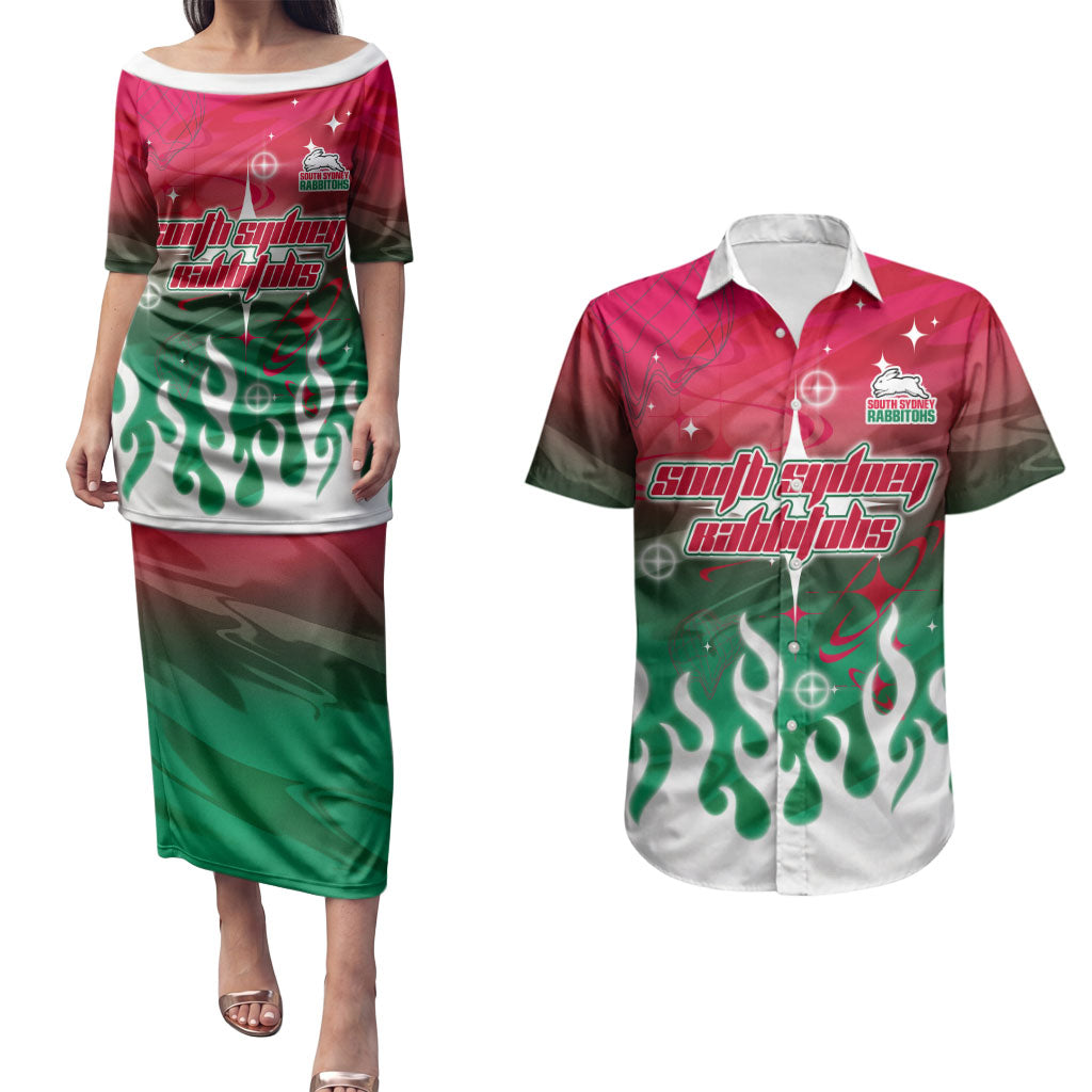 Personalized South Sydney Rabbitohs Couples Matching Puletasi and Hawaiian Shirt Y2K Grunge Aesthetic With Cyber Flames and Starburst Graphics