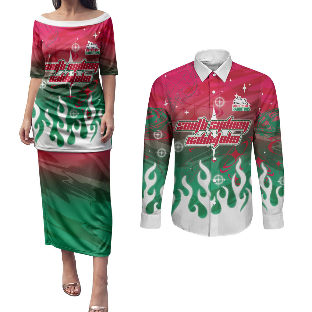 Personalized South Sydney Rabbitohs Couples Matching Puletasi and Long Sleeve Button Shirt Y2K Grunge Aesthetic With Cyber Flames and Starburst Graphics