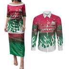 Personalized South Sydney Rabbitohs Couples Matching Puletasi and Long Sleeve Button Shirt Y2K Grunge Aesthetic With Cyber Flames and Starburst Graphics