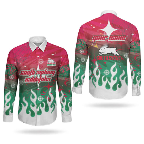 Personalized South Sydney Rabbitohs Couples Matching Puletasi and Long Sleeve Button Shirt Y2K Grunge Aesthetic With Cyber Flames and Starburst Graphics