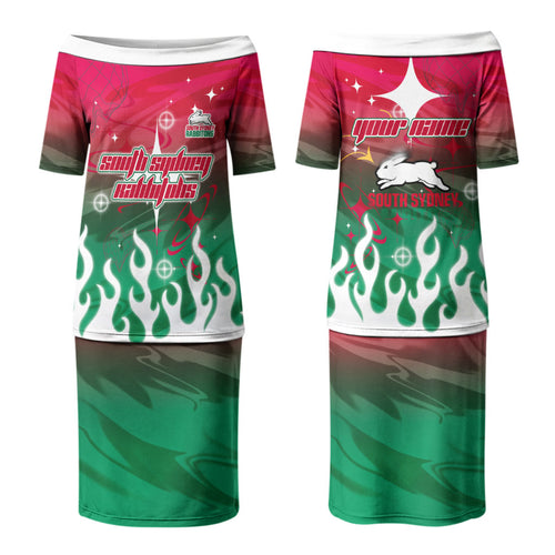 Personalized South Sydney Rabbitohs Couples Matching Puletasi and Long Sleeve Button Shirt Y2K Grunge Aesthetic With Cyber Flames and Starburst Graphics